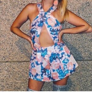 NASTY Gal floral shiny jacquard cut out halter romper shorts  Sz S
